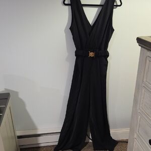Black V-Neck Wide-Leg Jumpsuit with Belt